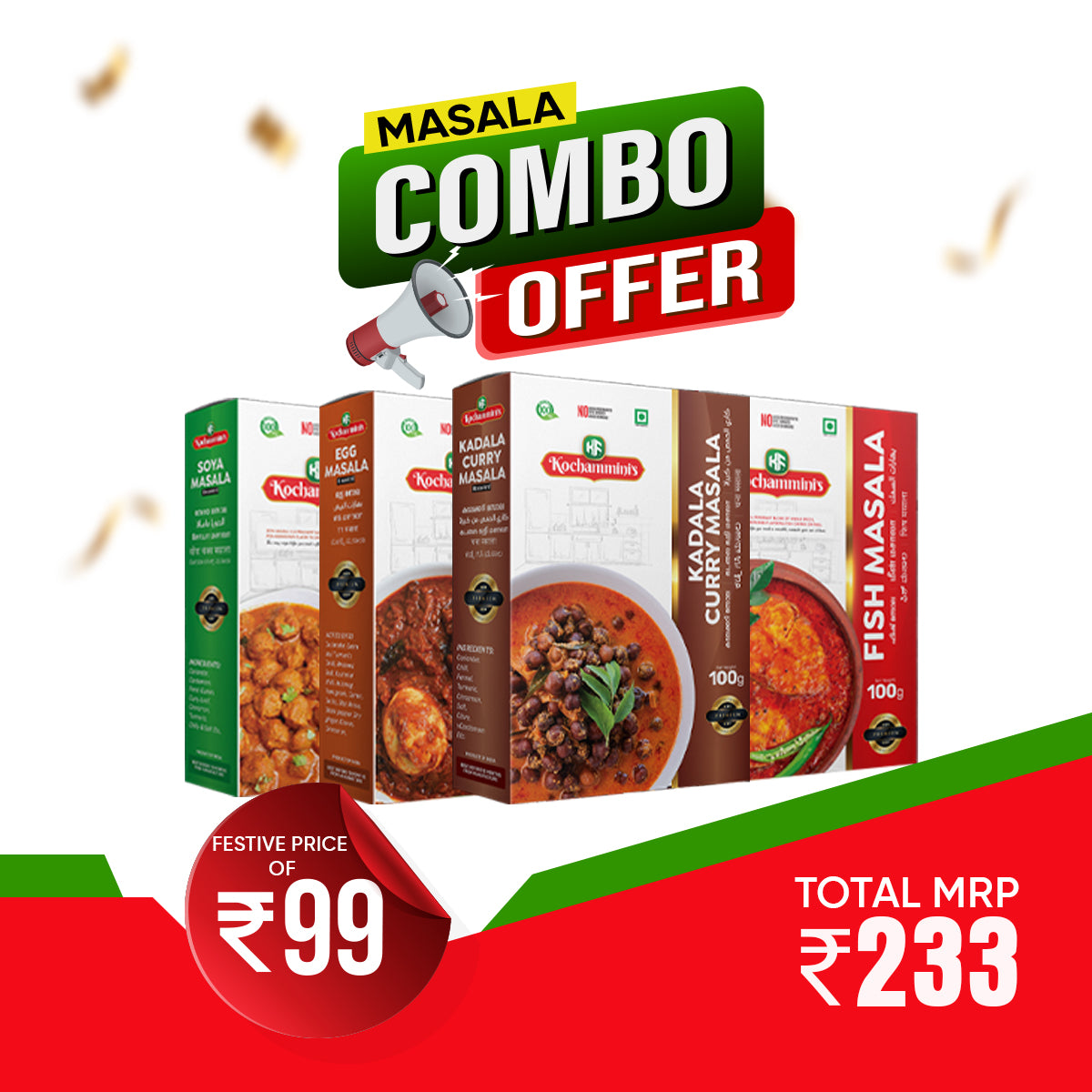 Kochammini's Masala Combo Offer – Fish, Egg, Kadala Curry & Soya Masala (4-Pack)